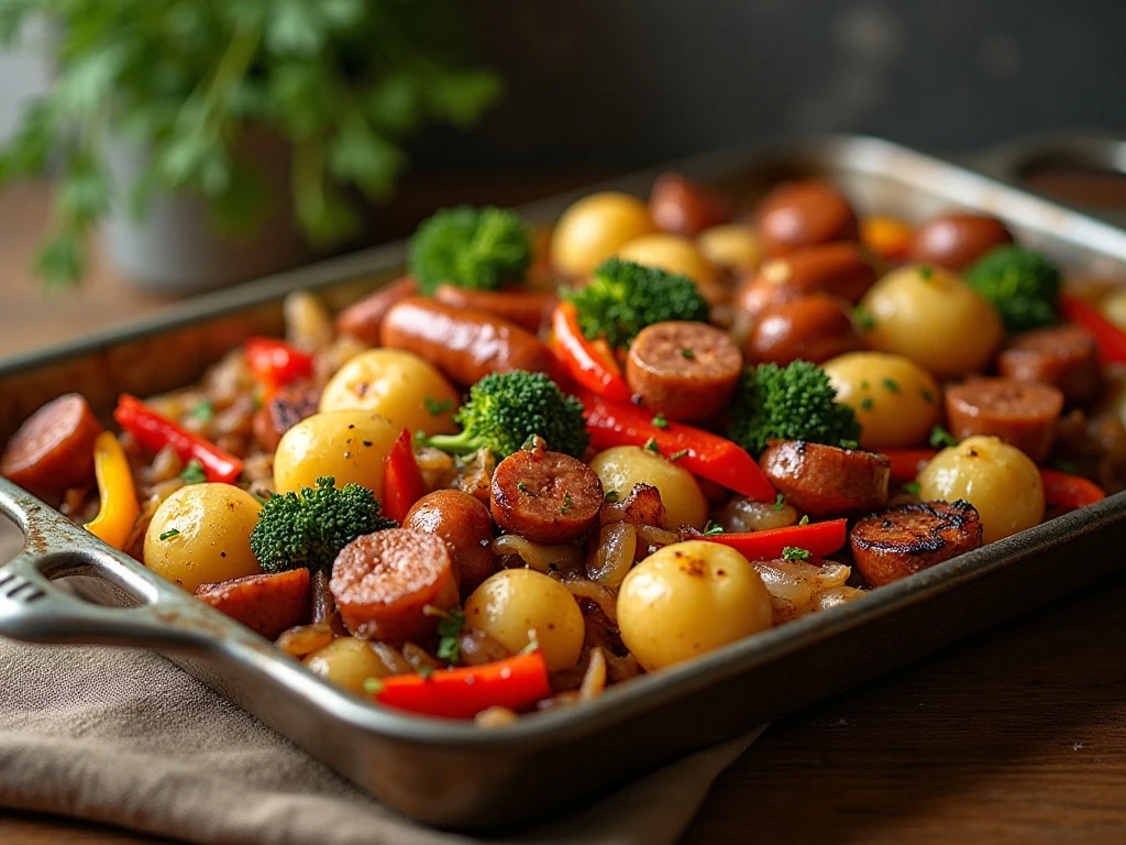 Crispy sausage and potato sheet pan meal ready to serve