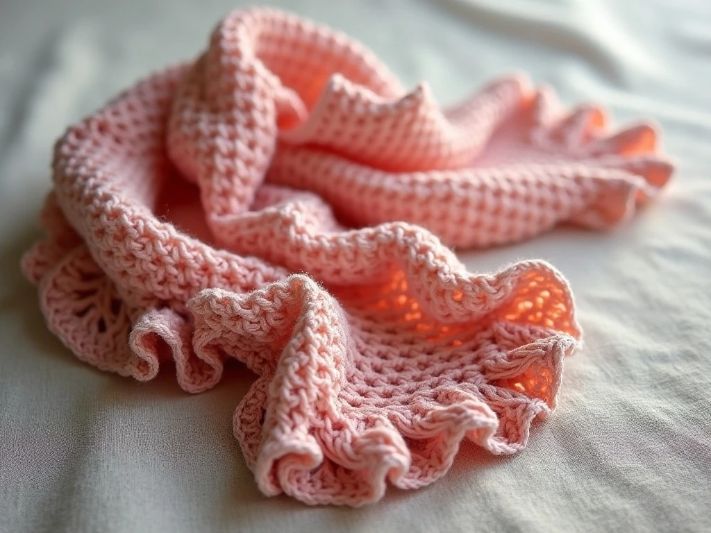 Finished crocheted ruffle scarf displayed in soft decorative waves