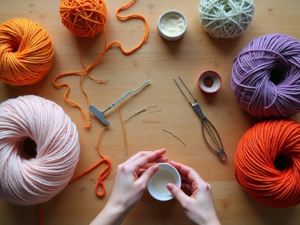 Ruffle yarn crochet hook scissors and yarn needle for the scarf project