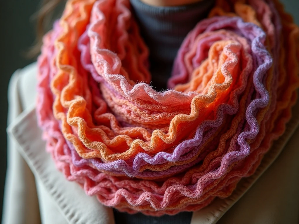 Close-up of colorful ruffle texture and scarf styling details