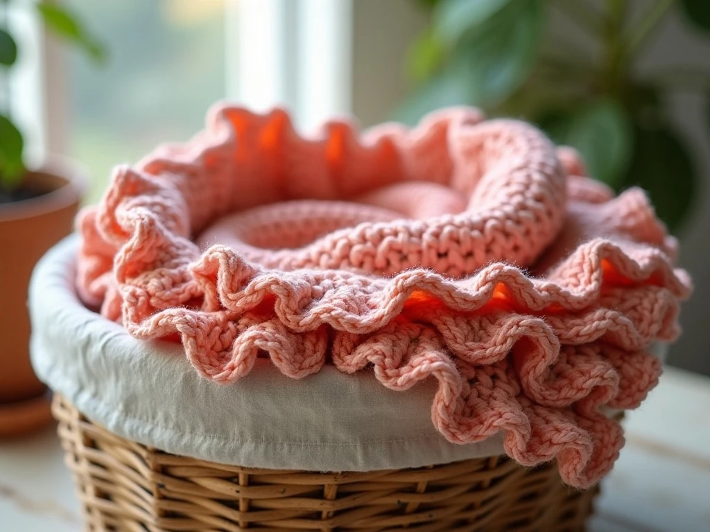 Crocheted ruffle scarf loosely stored to protect its texture
