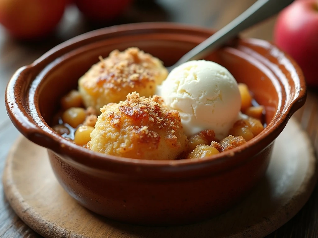 Warm Crock-Pot apple cobbler with oat topping and vanilla ice cream
