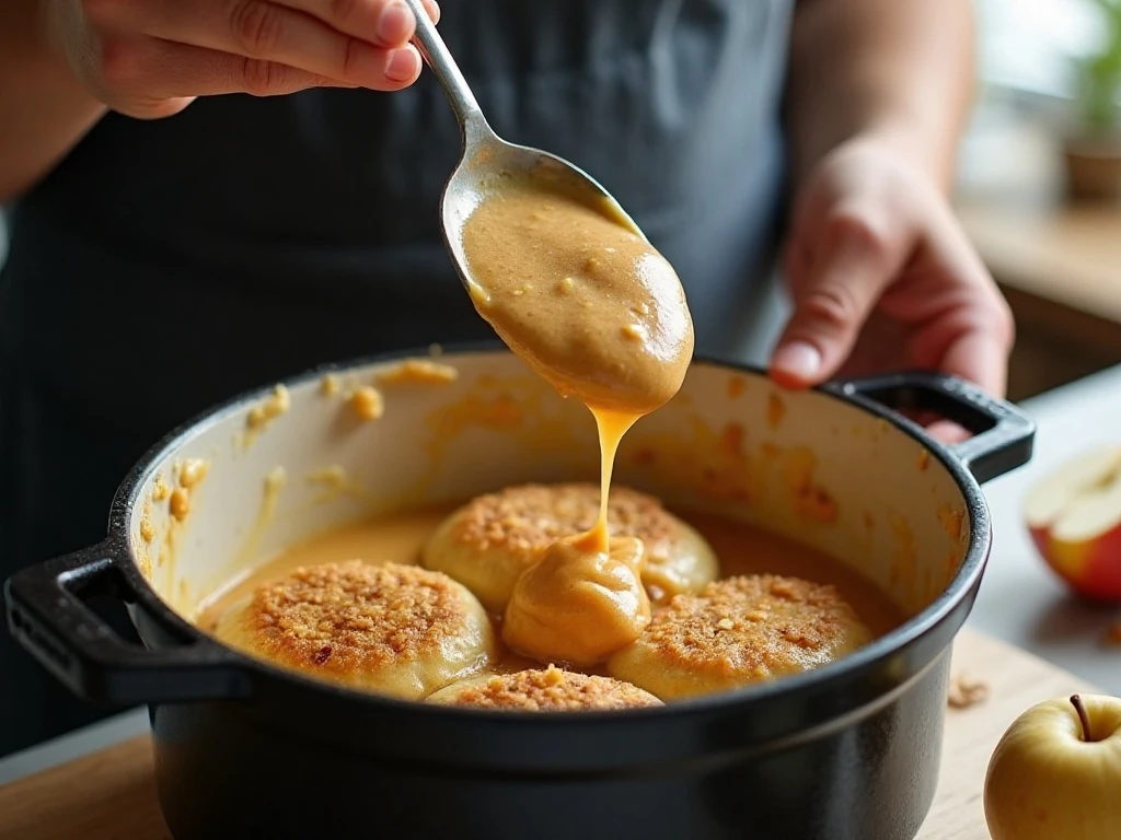 Adding homemade oat topping over apples in a slow cooker