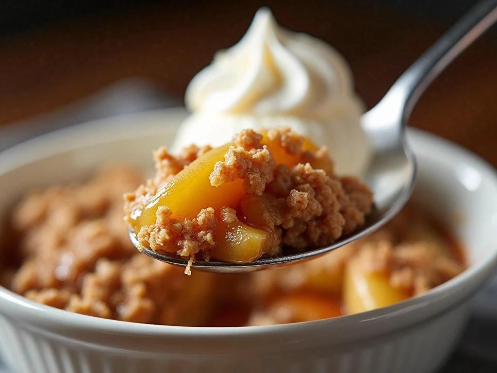 Close-up serving of warm apple cobbler with creamy topping