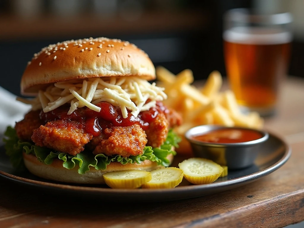 Crock-Pot BBQ chicken sandwich with coleslaw and pickles