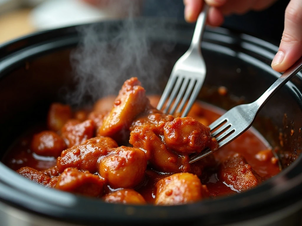 Shredding tender BBQ chicken in the slow cooker