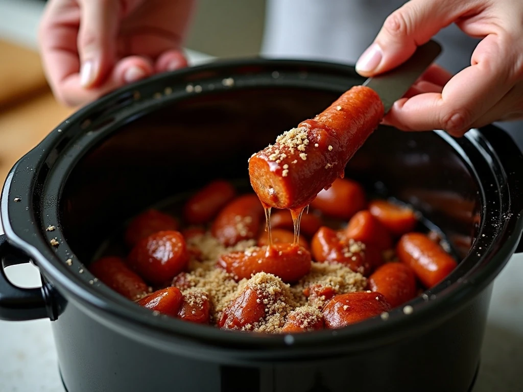 Preparing sausage, barbecue sauce, and brown sugar in a slow cooker