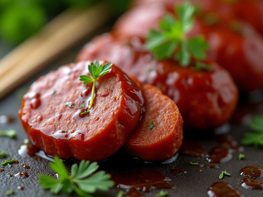 Close-up of glossy barbecue sausage bites ready to serve