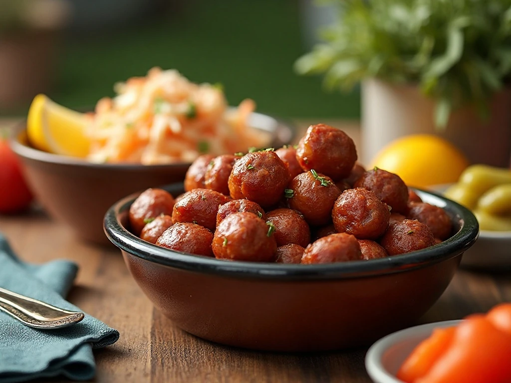 BBQ sausage bites with sides on an appetizer buffet