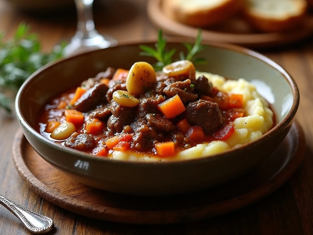 Crock-Pot beef bourguignon served over mashed potatoes