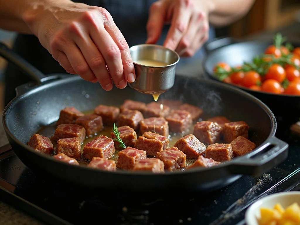 Browning beef before slow-cooking beef bourguignon
