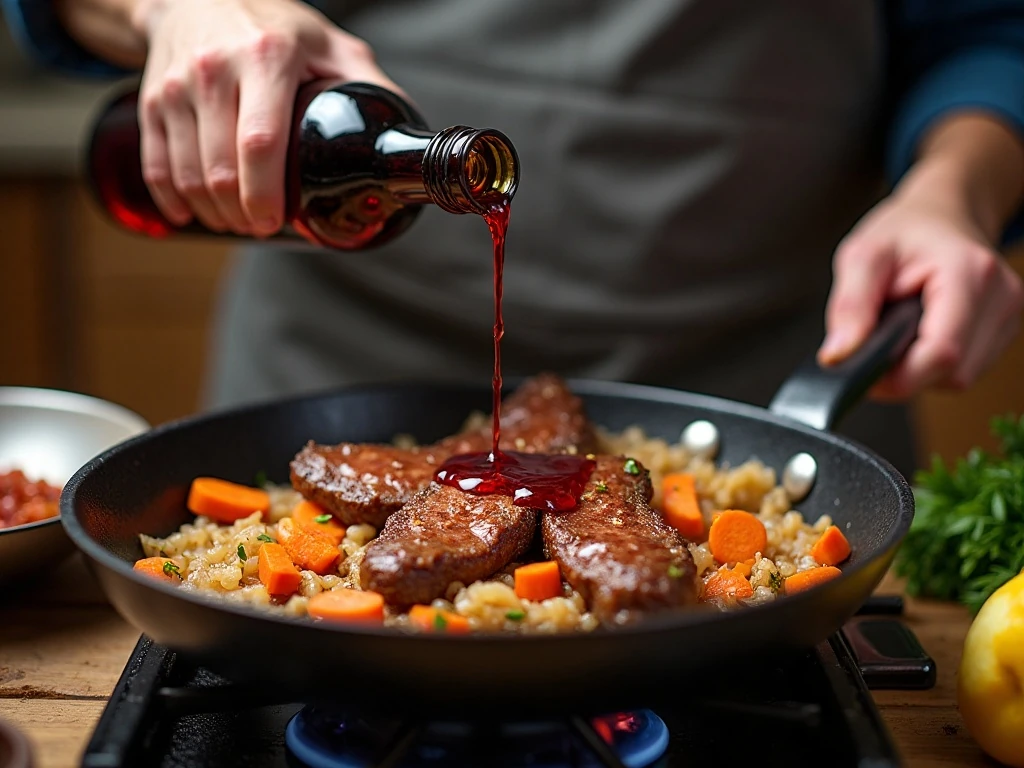 Deglazing vegetables with red wine for beef bourguignon