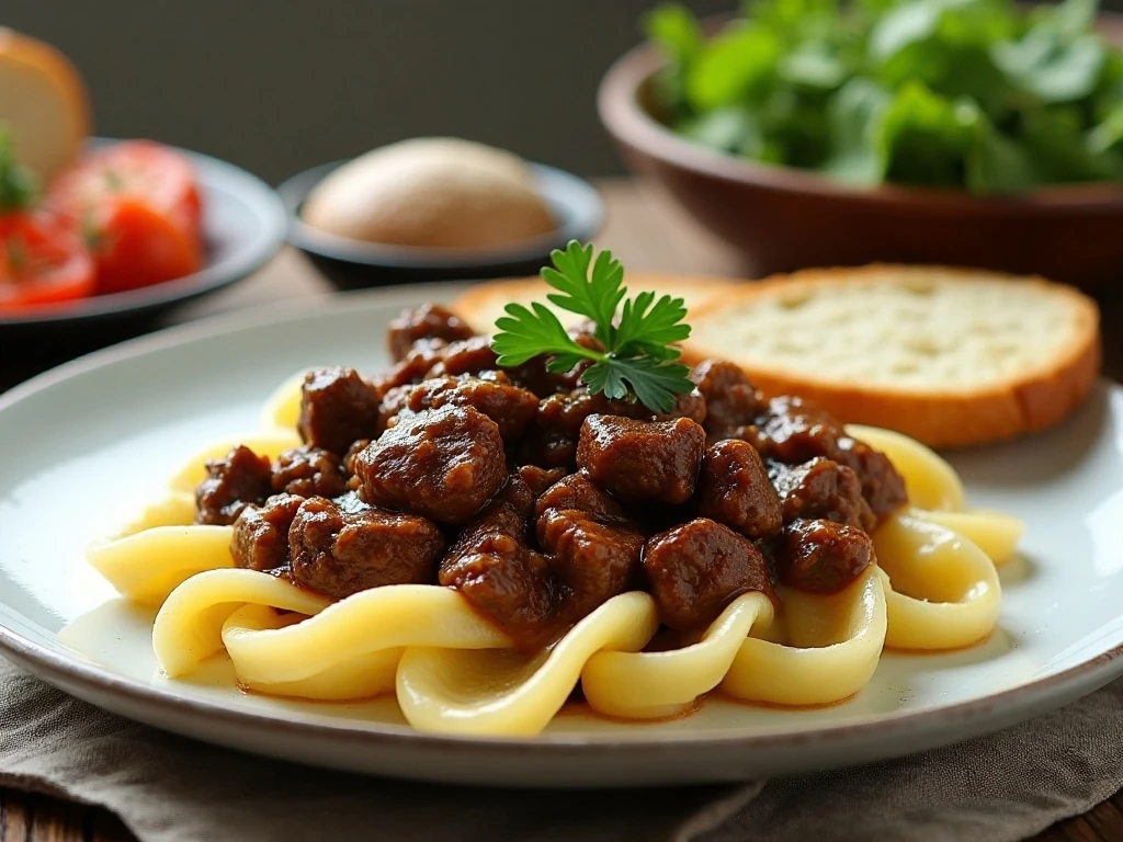 Beef bourguignon with egg noodles and crusty bread