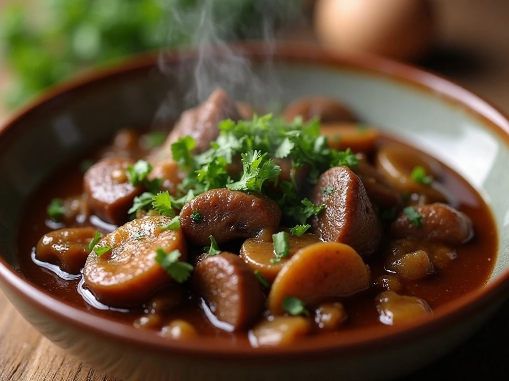 Reheated beef bourguignon finished with fresh parsley
