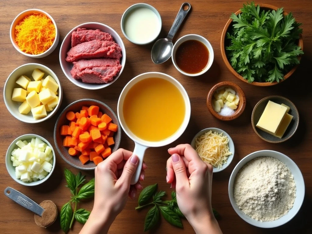 Ingredients for Crock-Pot cheeseburger soup arranged for cooking