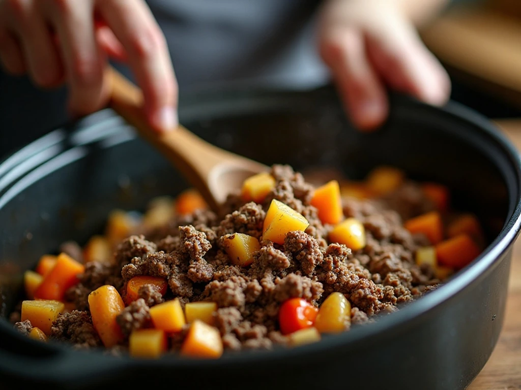 Browning beef and vegetables for slow-cooker cheeseburger soup