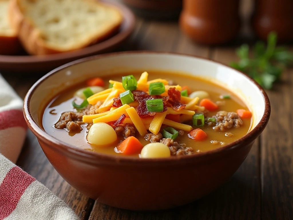 Bowl of creamy Crock-Pot cheeseburger soup with cheddar and bacon