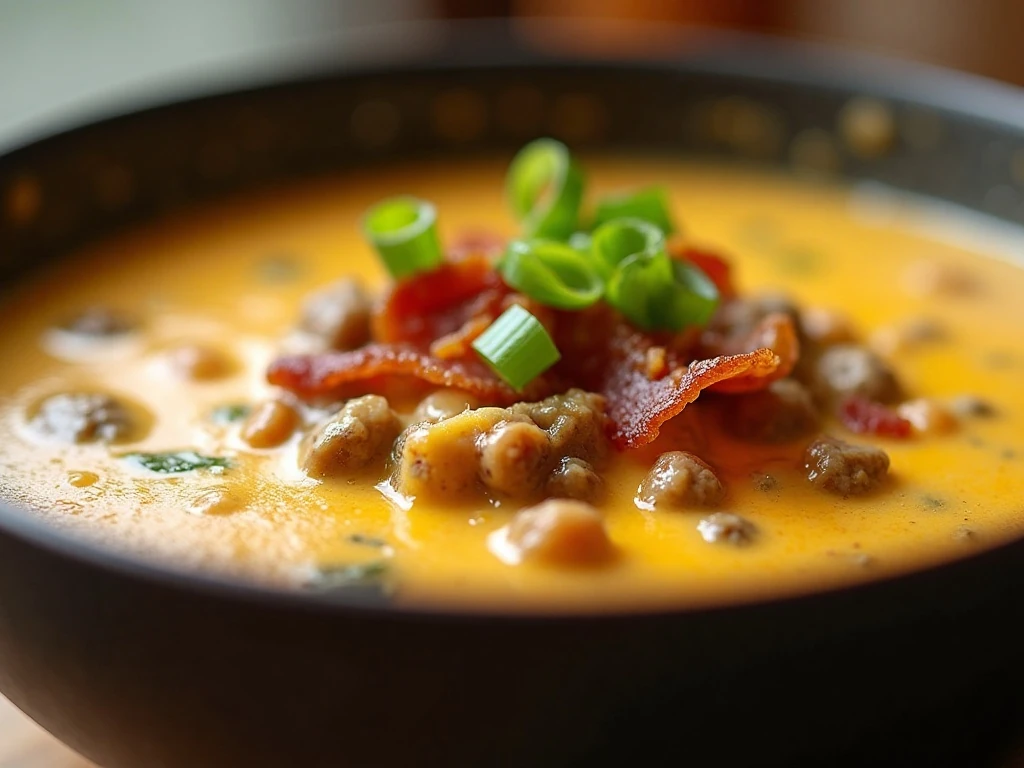 Close-up of reheated cheeseburger soup with toppings
