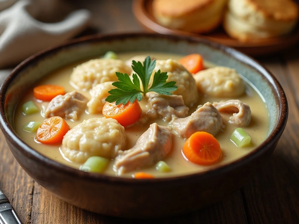 Bowl of creamy Crock-Pot chicken and dumplings