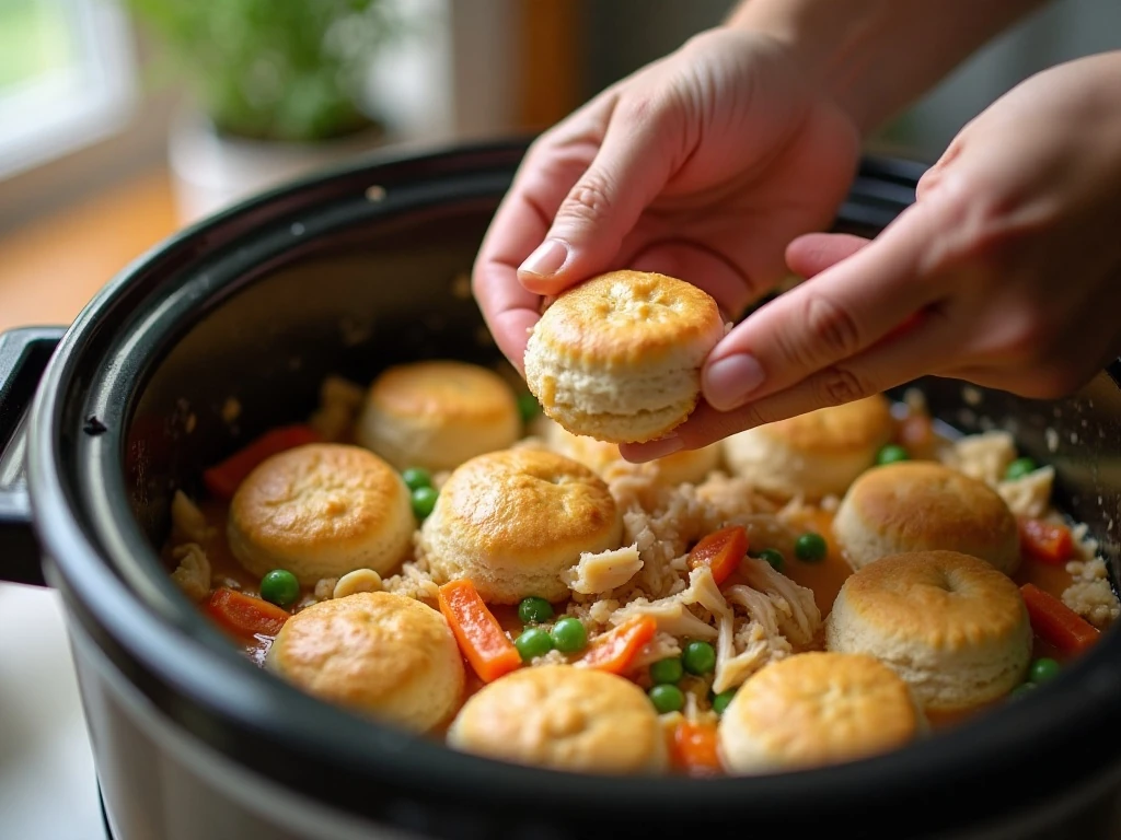 Biscuit pieces arranged over chicken mixture in a slow cooker