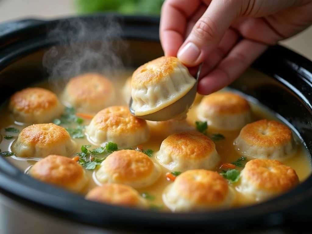 Fluffy biscuit dumplings cooking in creamy chicken broth