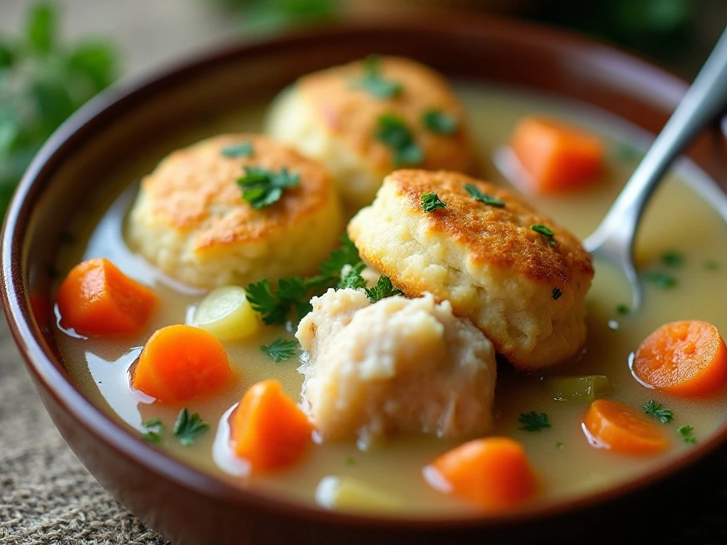 Chicken and dumplings garnished with parsley