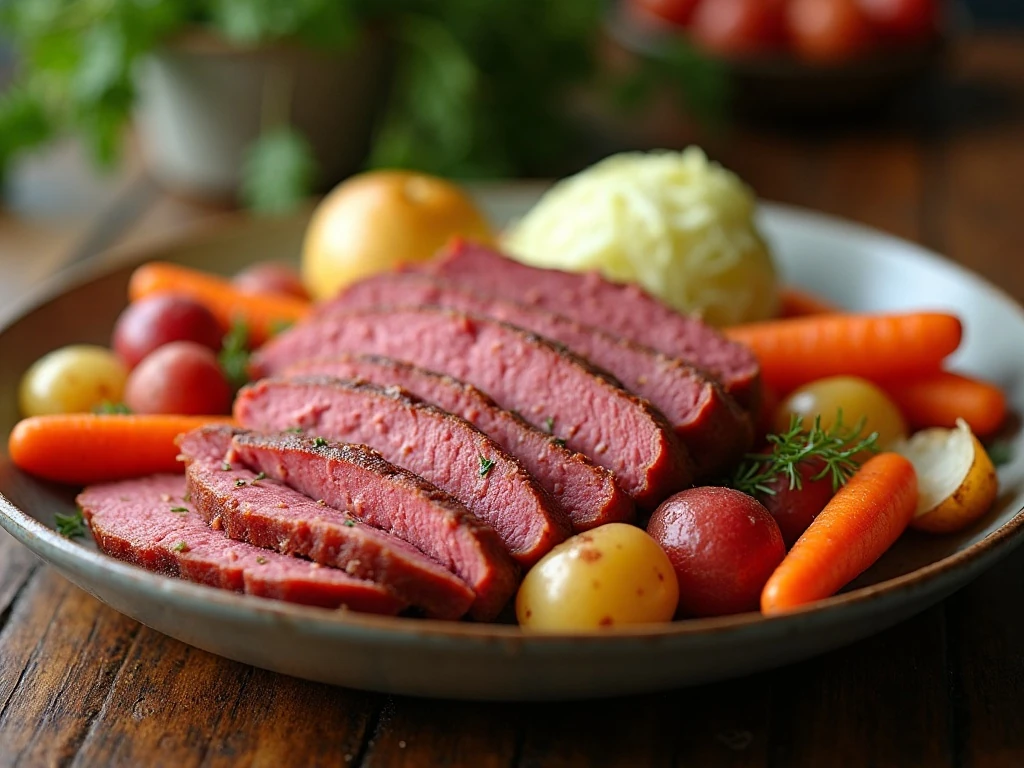 Sliced Crock-Pot corned beef served with cabbage, carrots, onions, and red potatoes