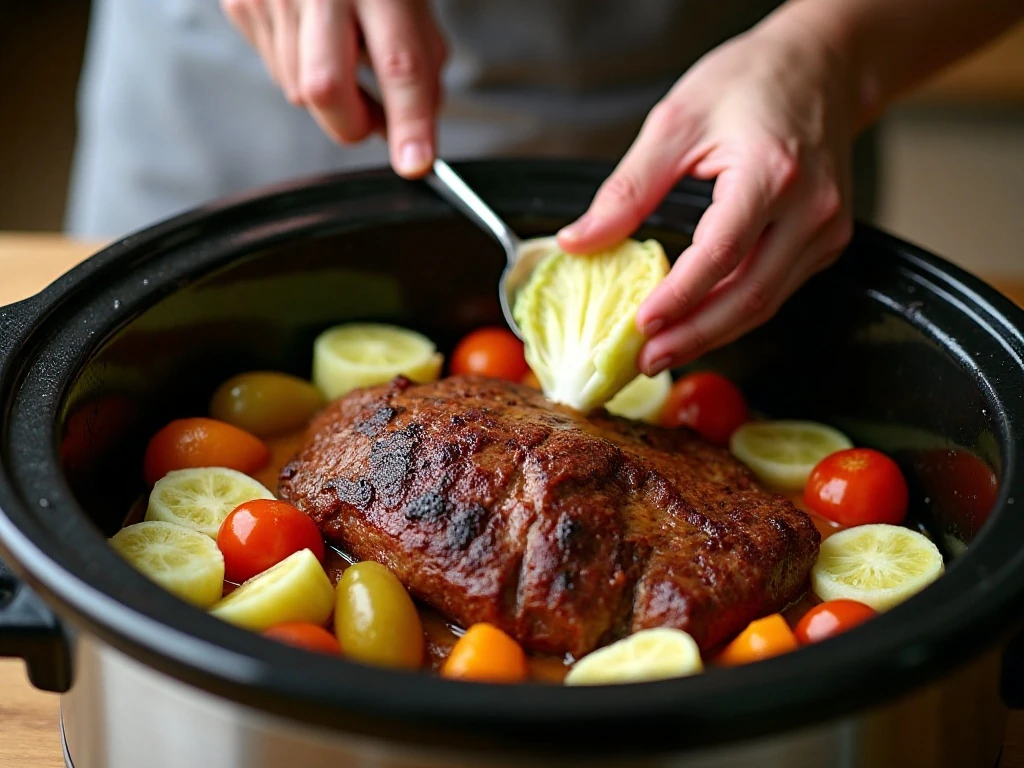 Adding cabbage wedges to the slow cooker near the end of cooking