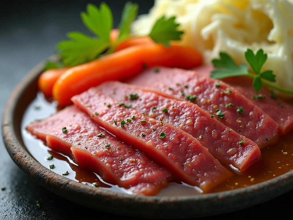 Thin corned beef slices cut across the grain