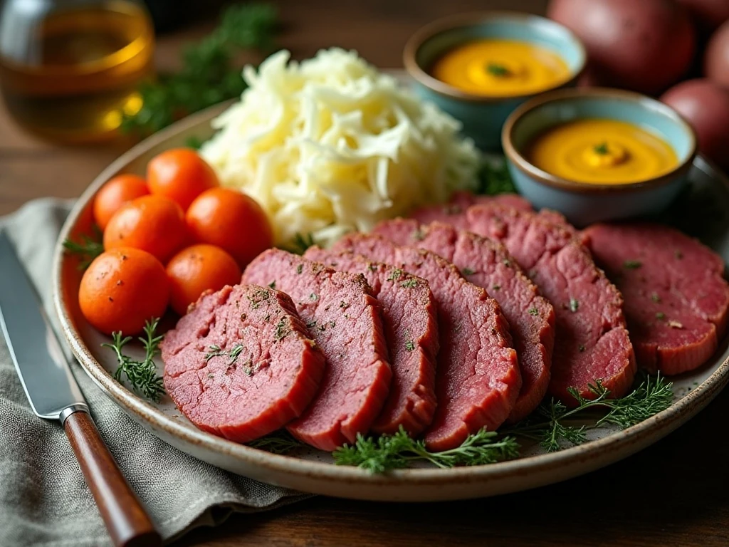 Corned beef and cabbage dinner served with mustard