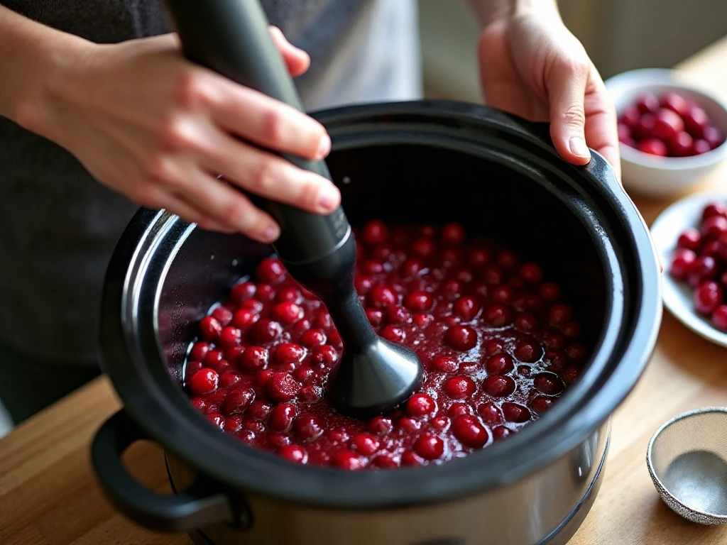 Blending cooked cranberries for cranberry butter