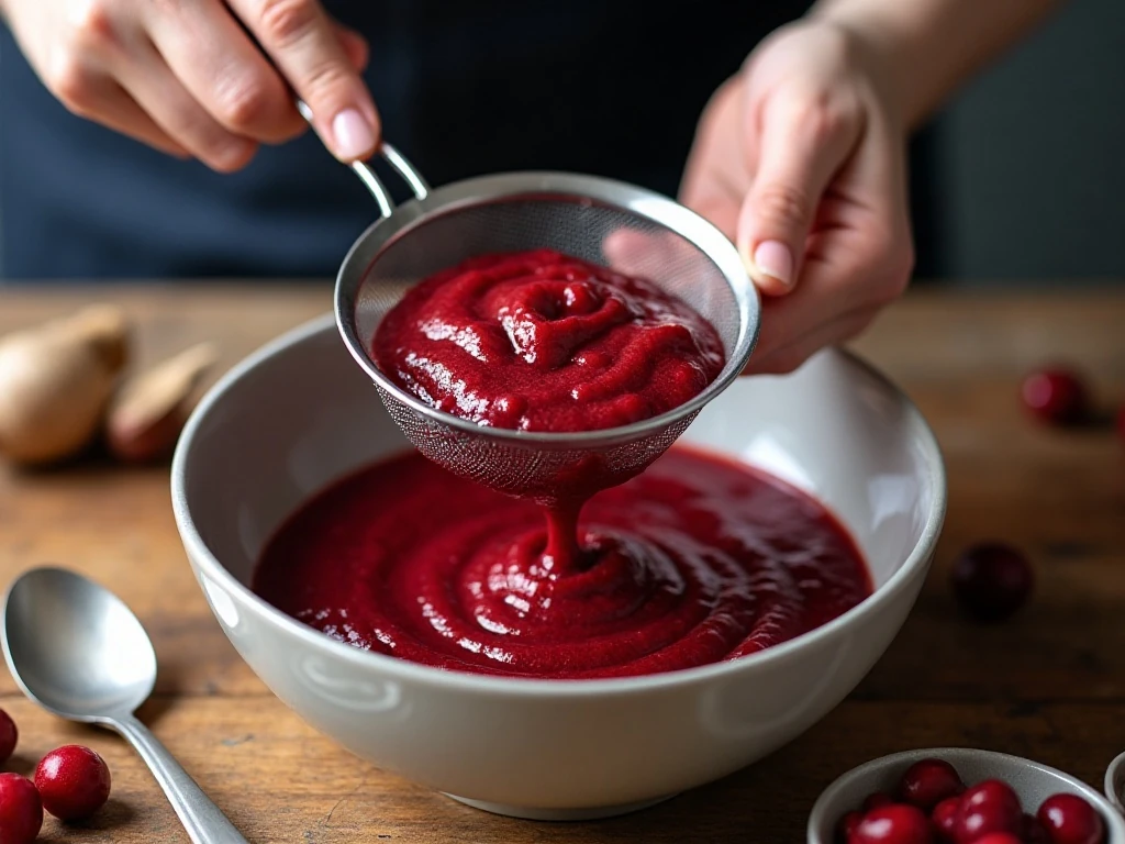 Straining cranberry purée for a smooth texture