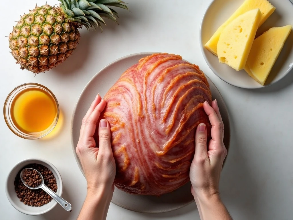 Ingredients for easy slow-cooker ham with honey and pineapple juice