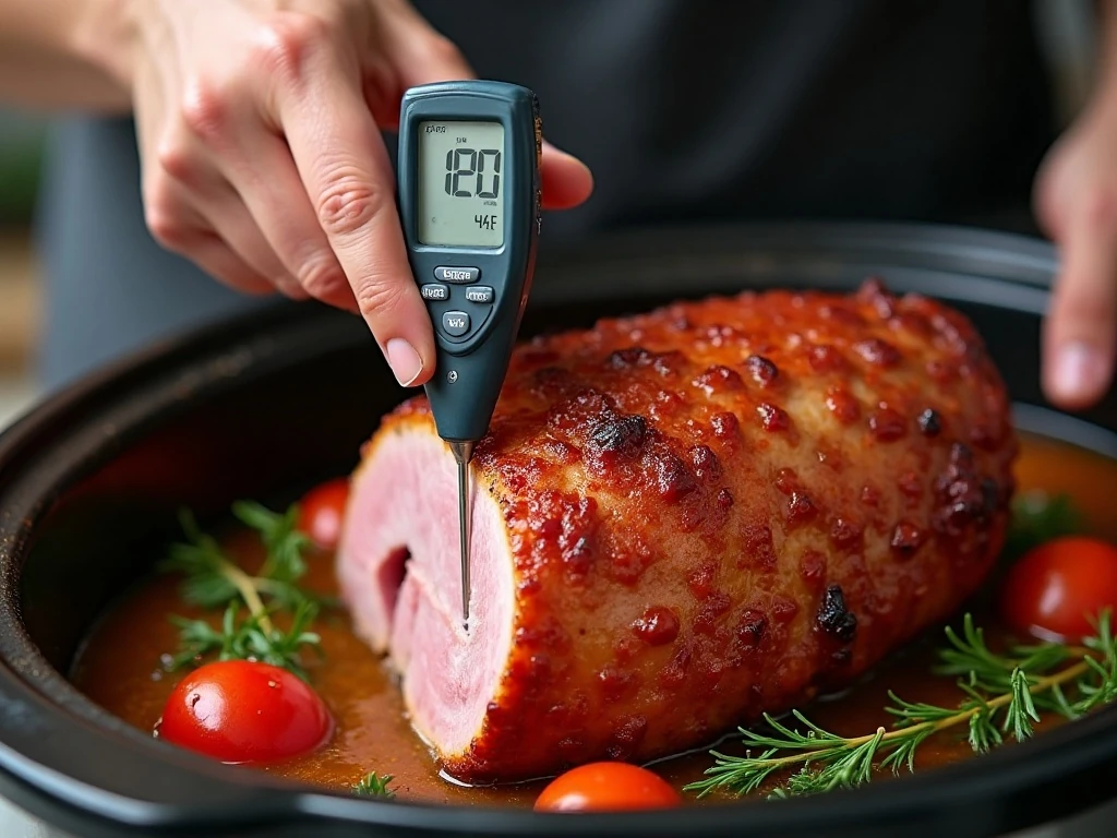Checking Crock-Pot ham for the recommended 140 degree temperature