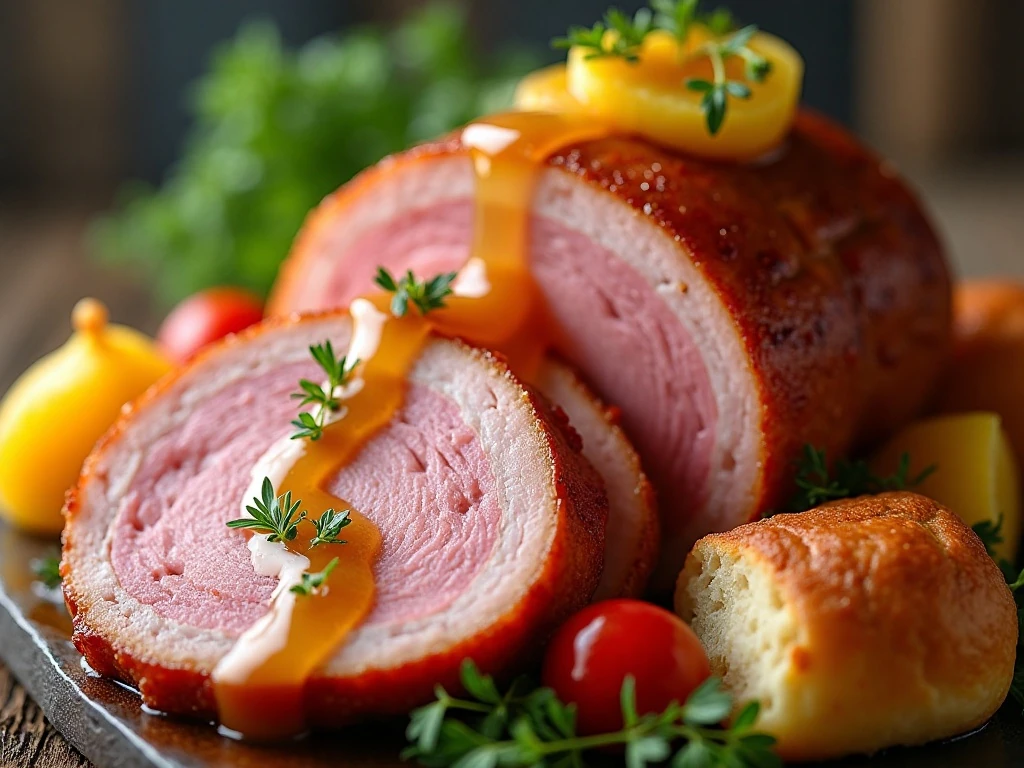 Juicy glazed ham served with classic holiday side dishes