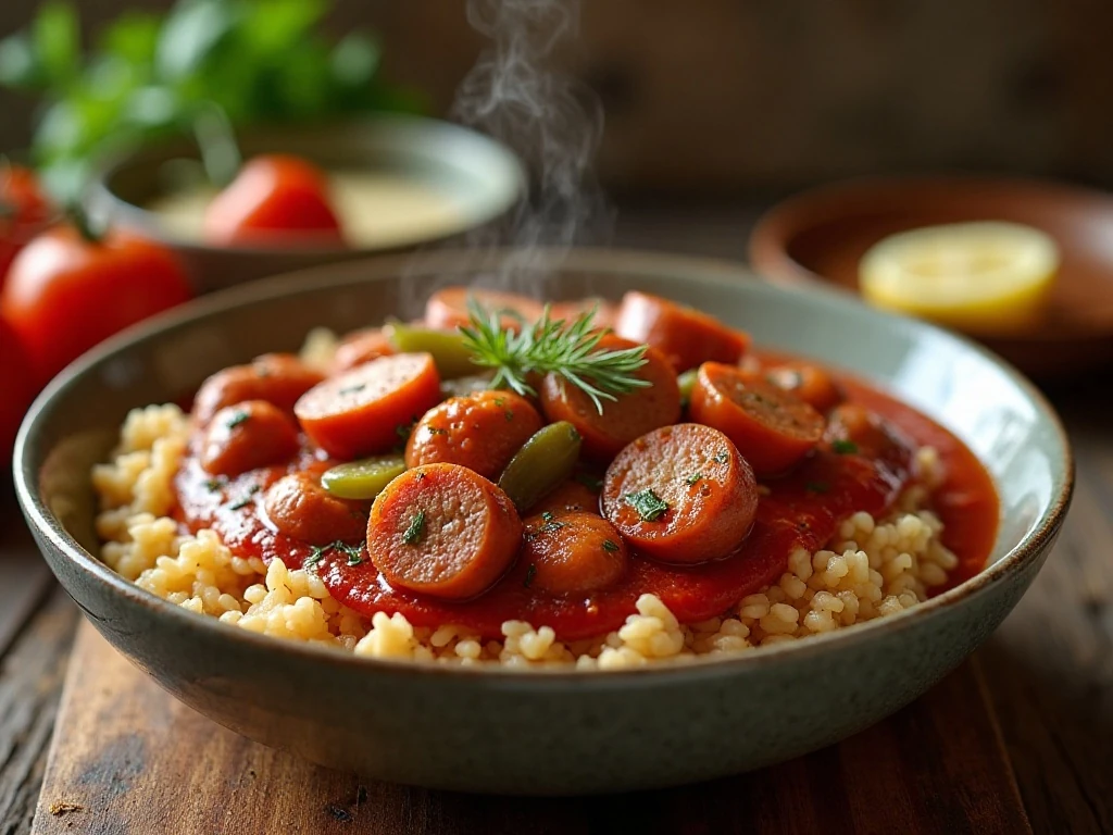 Crock-Pot kielbasa in tomato sauce served over rice