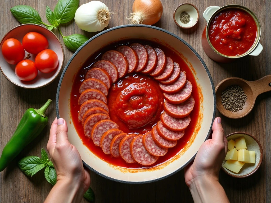 Ingredients for slow-cooker kielbasa in tomato sauce
