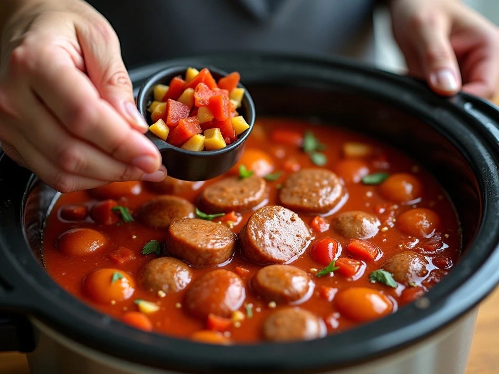 Adding kielbasa and vegetables to the slow cooker