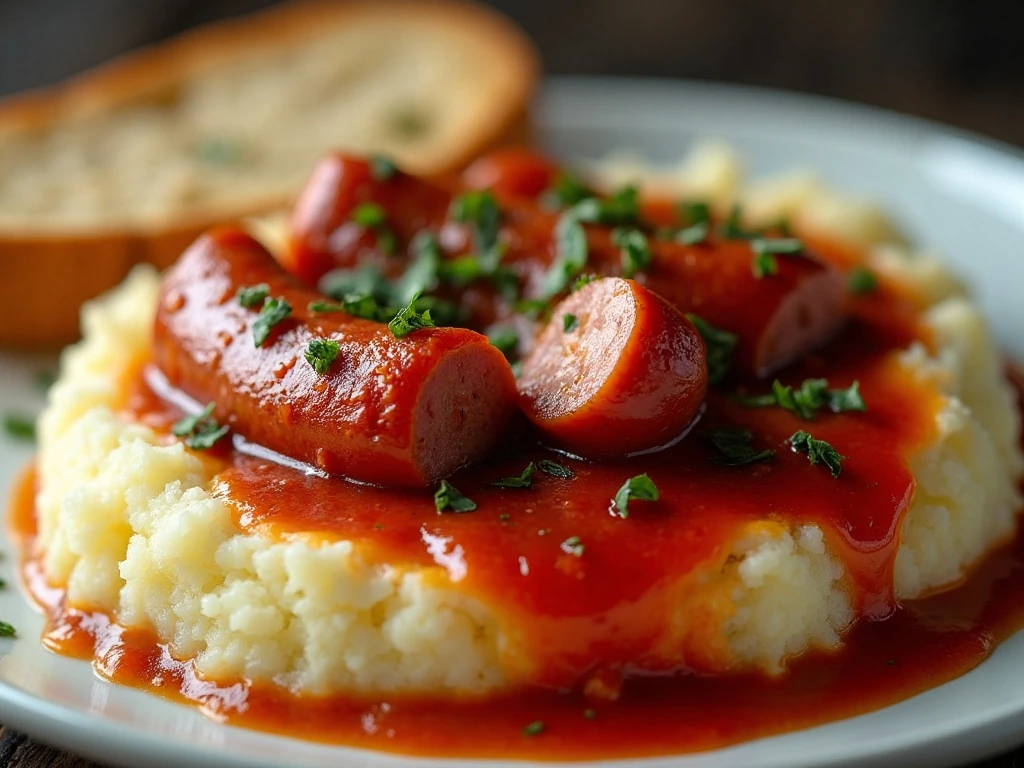 Kielbasa in tomato sauce with mashed potatoes and crusty bread