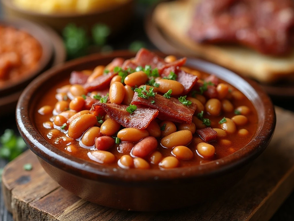 Hearty crock pot loaded baked beans served at a barbecue
