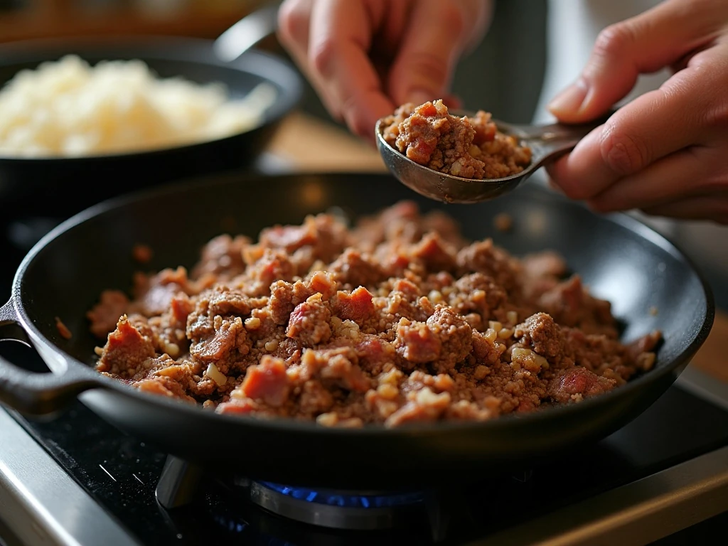 Browning bacon beef and onion for loaded baked beans