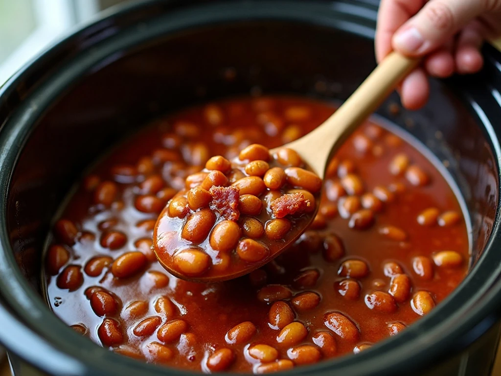 Thick glossy loaded baked beans cooking in a slow cooker