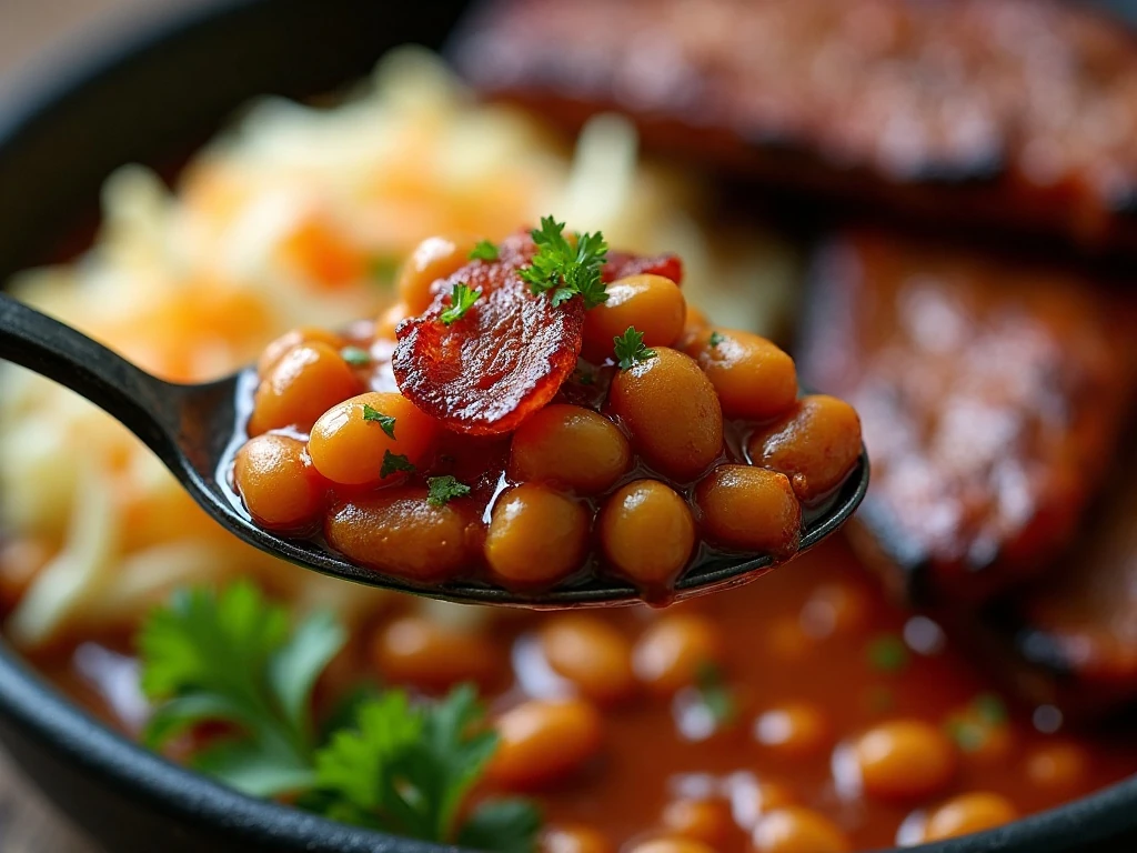 Close-up spoonful of bacon and beef loaded baked beans