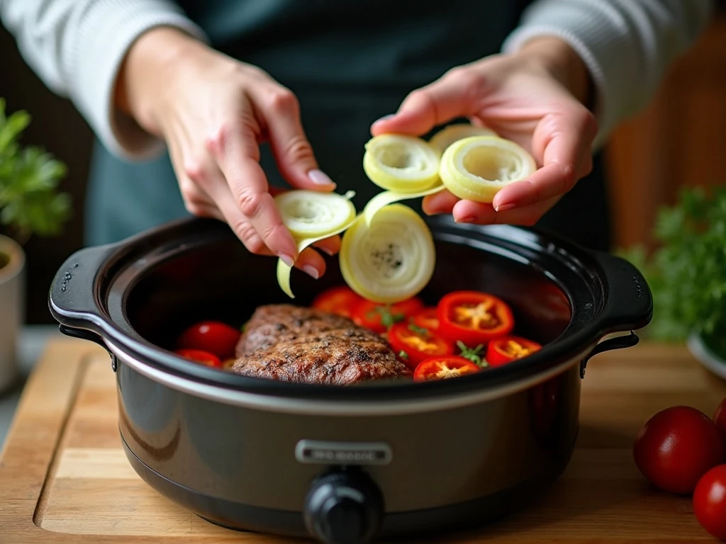 Preparing steak fajita ingredients in a slow cooker