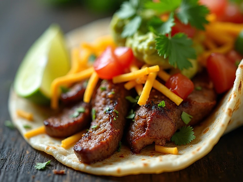 Steak fajita tortilla with fresh toppings and lime