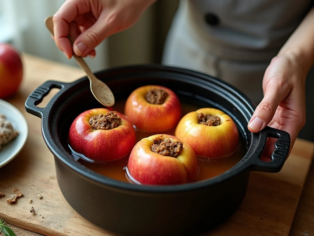 Apples arranged upright in a slow cooker with water around them