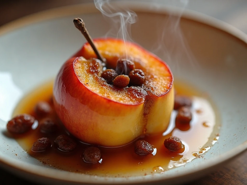 Close-up of warm baked apple filling and cinnamon cooking liquid