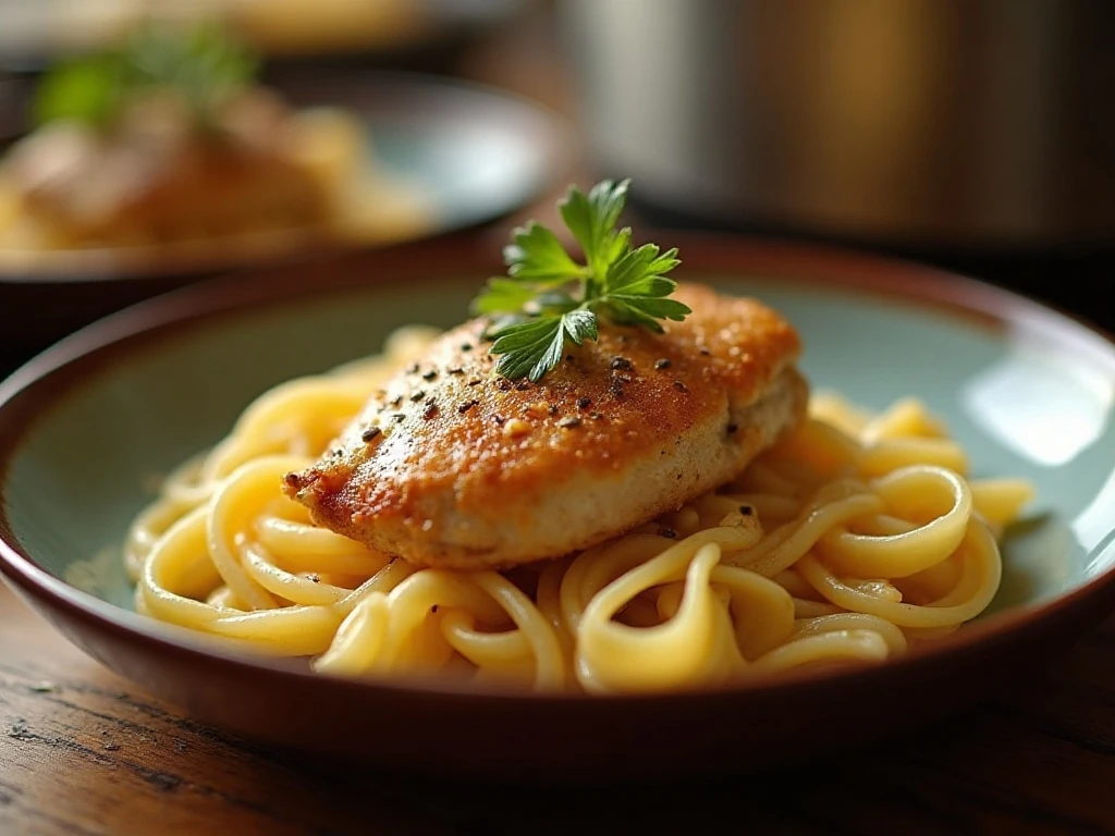 Creamy Crockpot Angel Chicken served over angel hair pasta