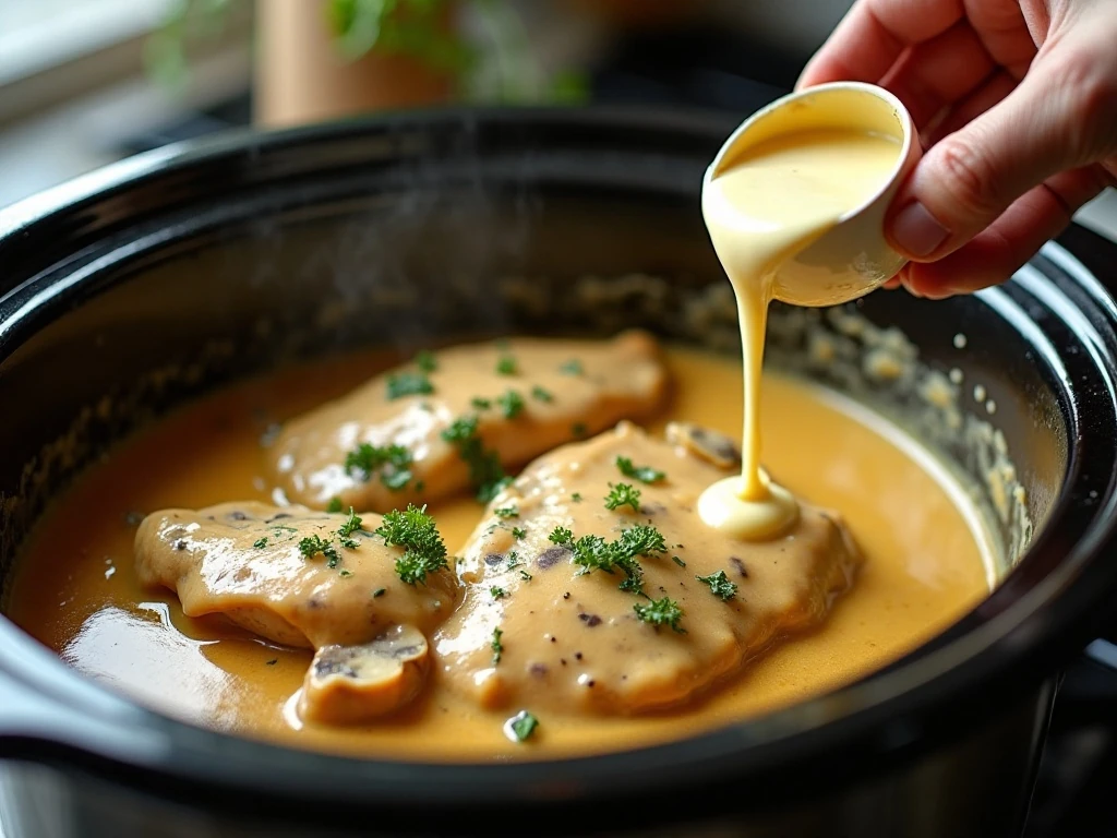 Stirring cream cheese into the Crockpot Angel Chicken sauce