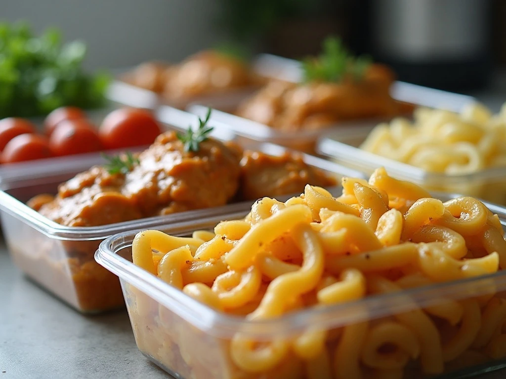 Crockpot Angel Chicken and angel hair pasta prepared for storage